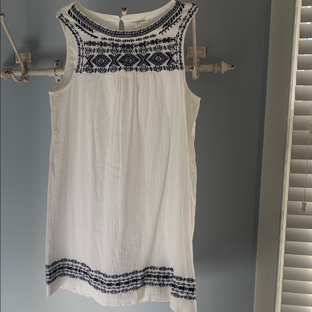 White Sleeveless Top with Navy Embroidery